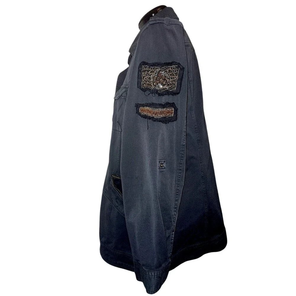 Torrid Jean Jacket Womens Size 2 Black Denim Long Moto Beaded Fray Biker Punk